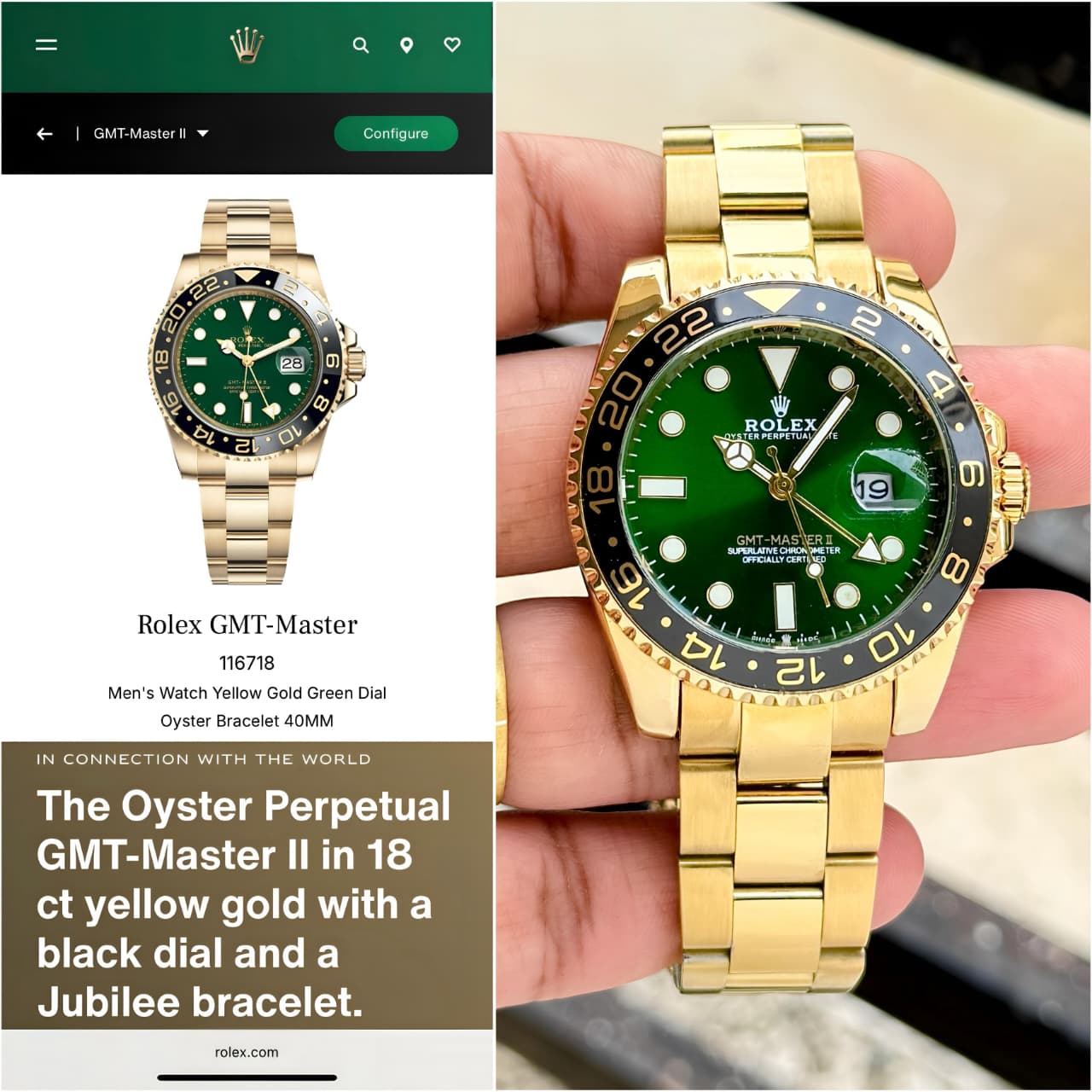 Rolex GMT Master 2 Men's Watch Green Dial Gold Stainless Steel 41mm